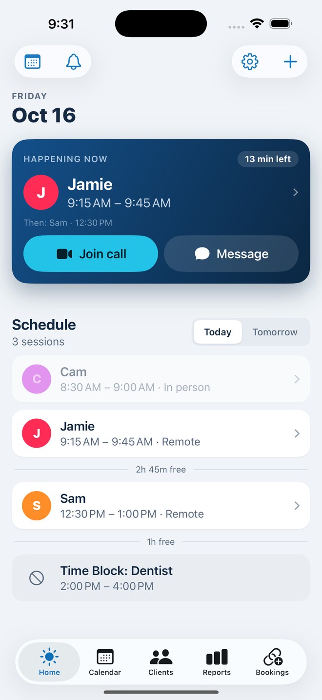 Planaly Home screen with the Happening now card and today’s schedule