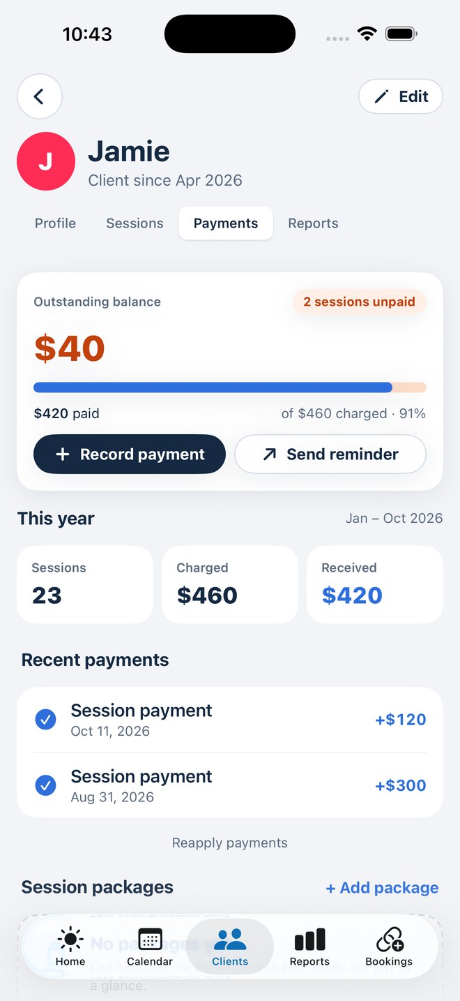 Client Payments tab showing outstanding balance and recent payments